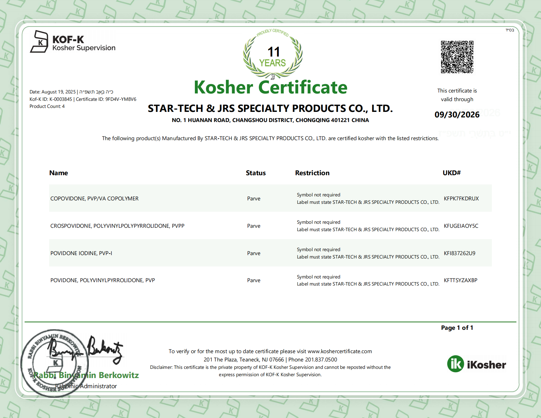 Kosher Certificate